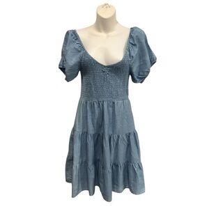 Rue 21 Women’s Blue Denim Smocked Chambray Puffed Short Sleeve Women's Dress